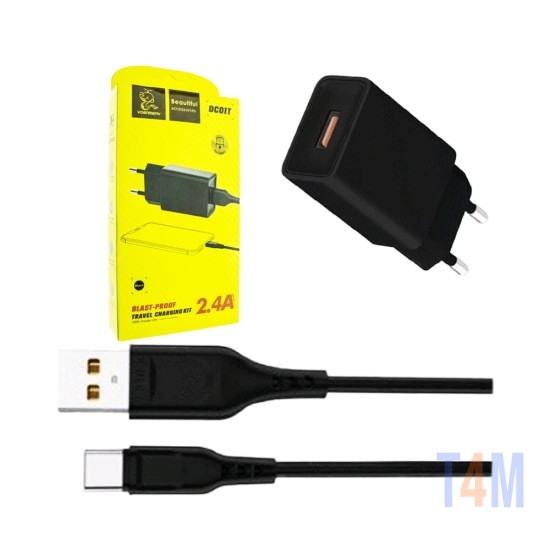 ADAPTADOR DE CARREGADOR DENMEN DC01T 2,4A COM CABO USB TIPO C Preto